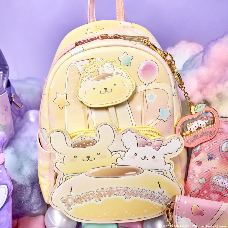 Image of our Pompompurin Carnival Mini Backpack, featuring Pompompurin, Macaroon, Muffin, and Scone on a roller coaster